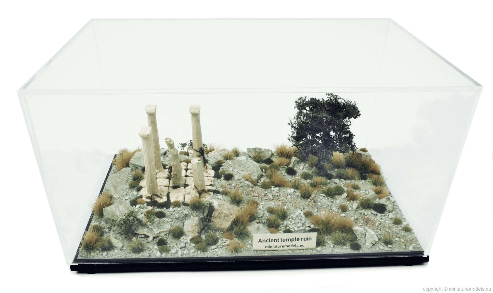 Model of ancient temple ruin in acrylic glass showcase