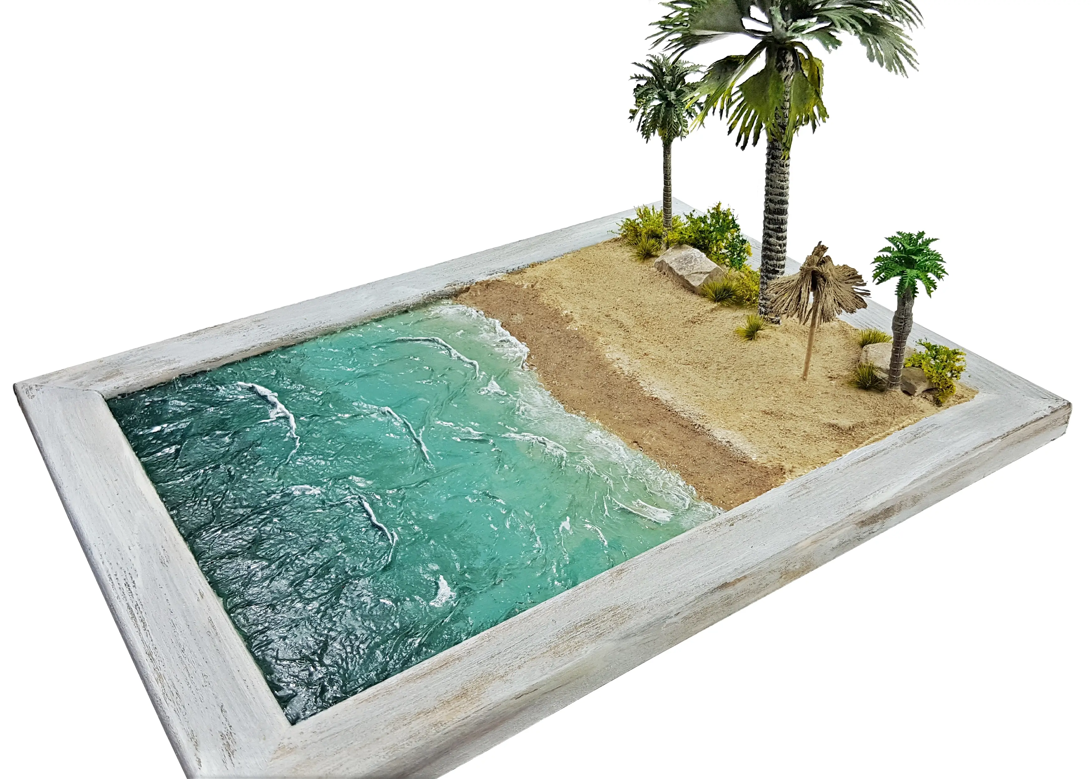 Beach diorama in wooden white frame