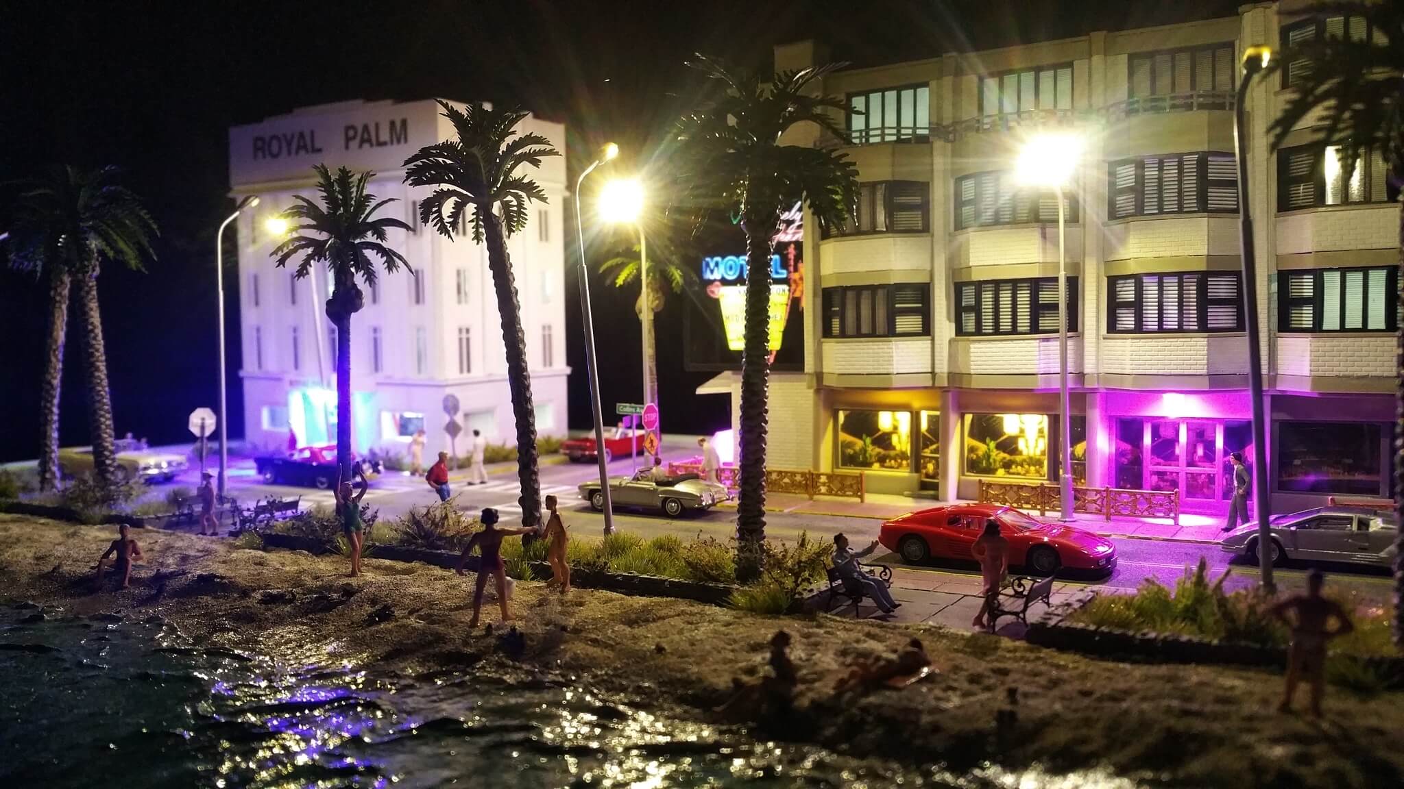 realistic diorama of Miami Beach by night