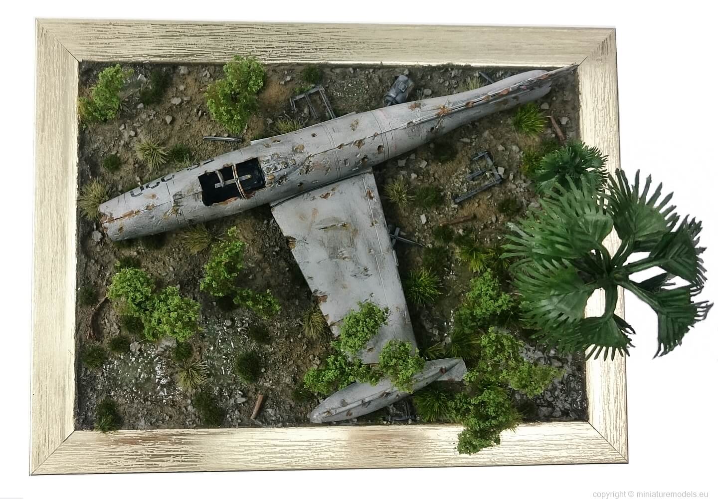diorama of aircraft wreck from the top