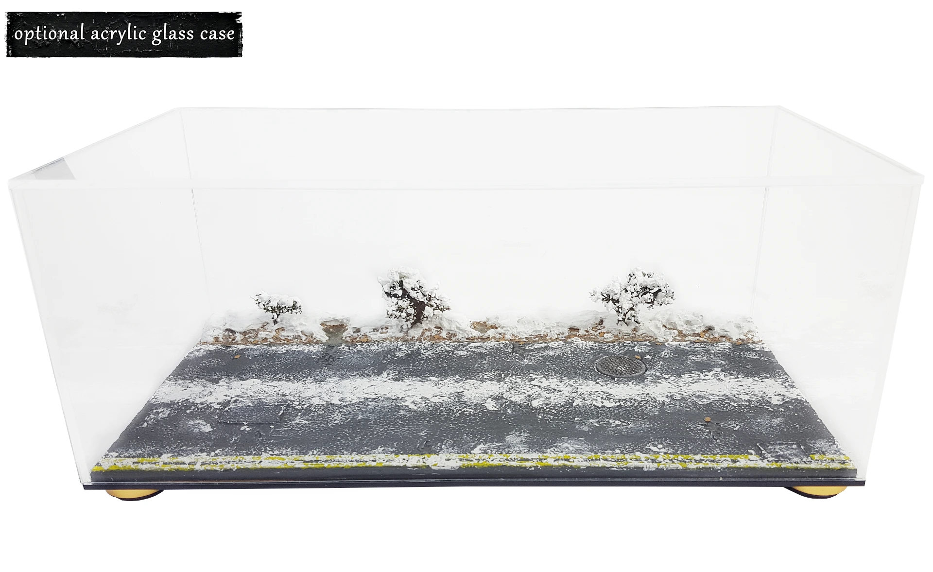 Snowy road diorama with transparent display case
